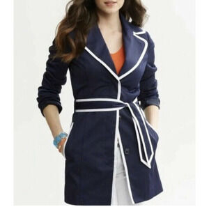 Banana Republic Trench Coat Navy White Ribbon Trim Belted‎ Pocket Women size S
